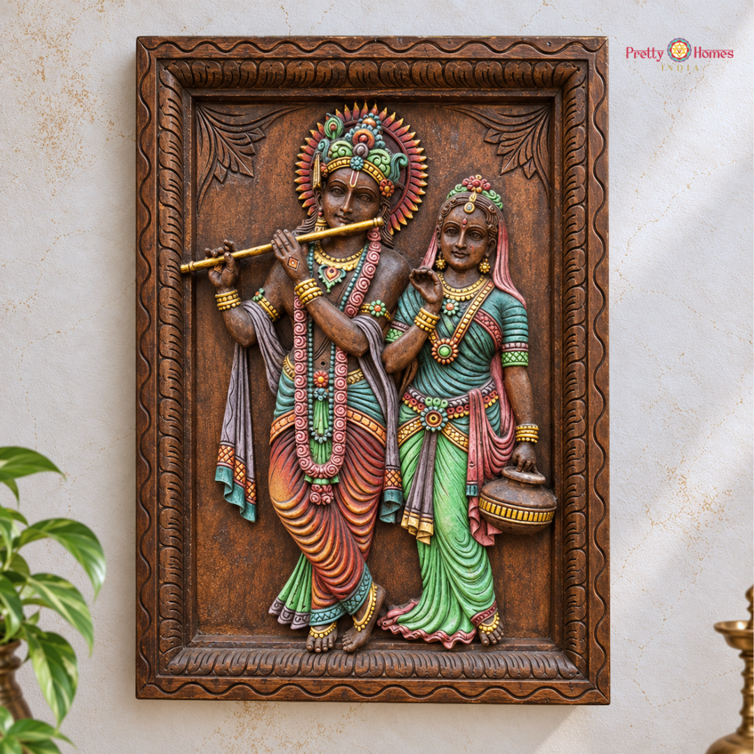 Hand-Carved Radha Krishna with Flute Wall Frame