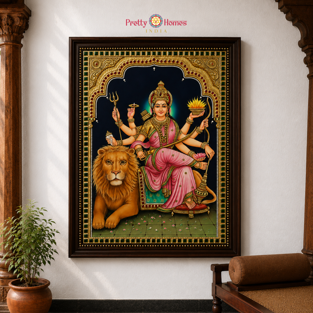 Aesthetic Finish Goddess Durga / Sherawali Tanjore in Real Gold