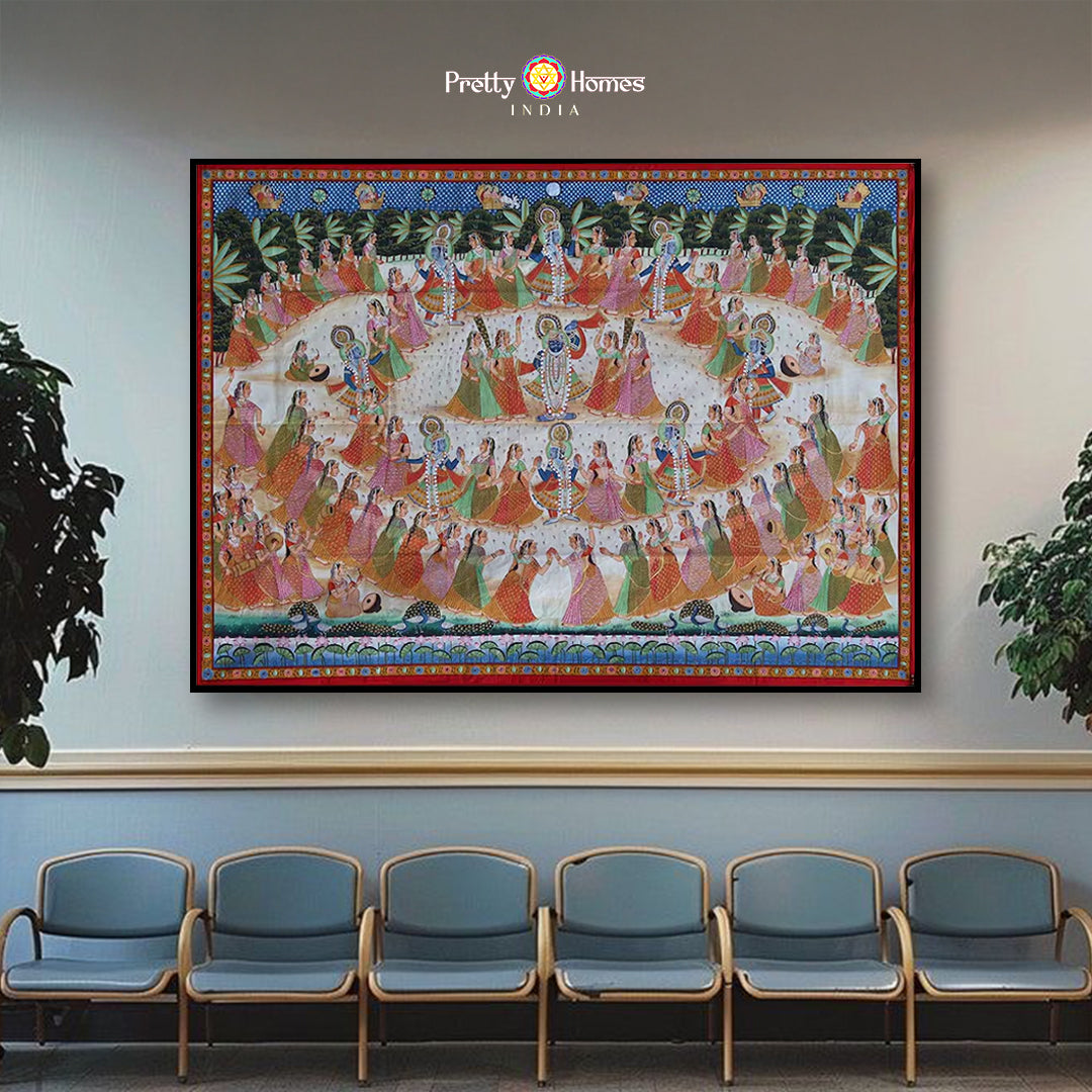 Large Maharaas Pichwai painting featuring Krishna dancing in a circle with gopikas on cotton cloth.