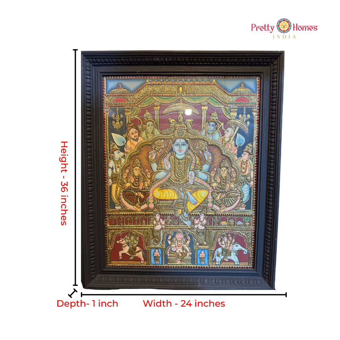Lord Vishnu with Goddess Lakshmi & Saraswati – Tanjore Painting