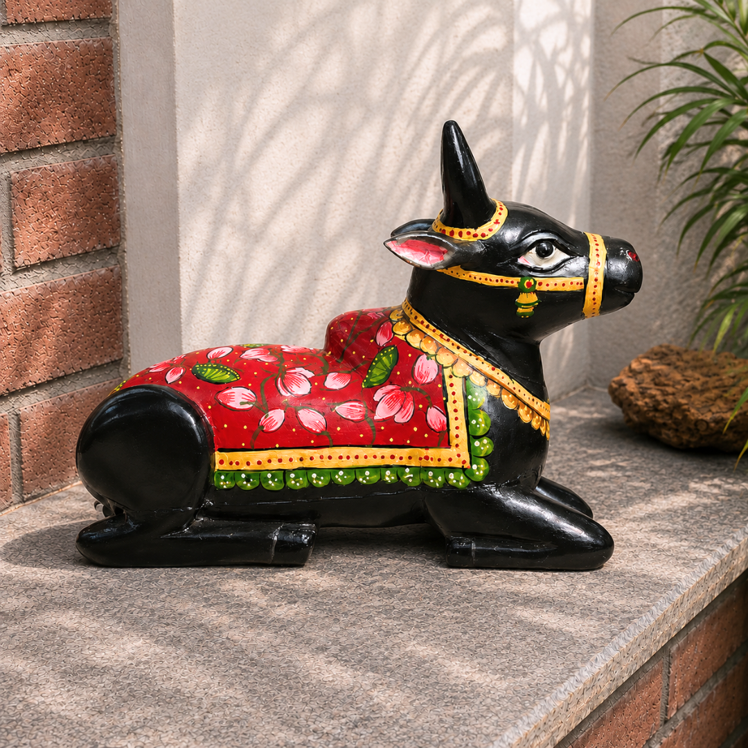 Handpainted Wooden Black Nandi with Red lotus Motifs
