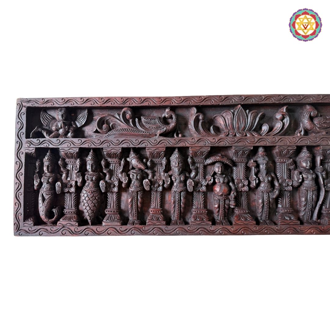 Handcarved Dasavtar Panel – Featuring Gandharvas, Lotus Elements & Floral Detailing