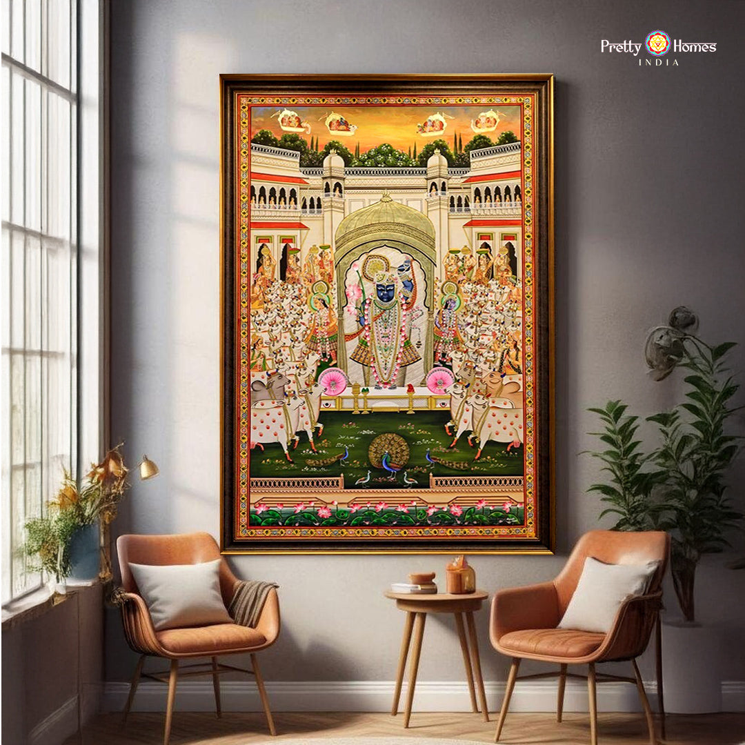 handpainted spectacular shrinathji darshan pichwai detailed shot highlighting ornate temple motifs and devotional crowd scenes