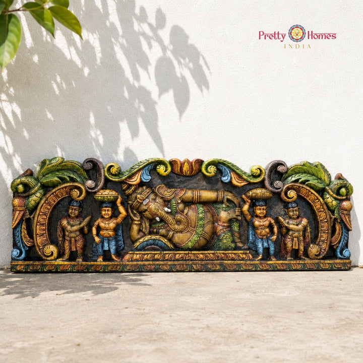 Wood-Carved Resting Ganesha with Worshippers Wall Panel