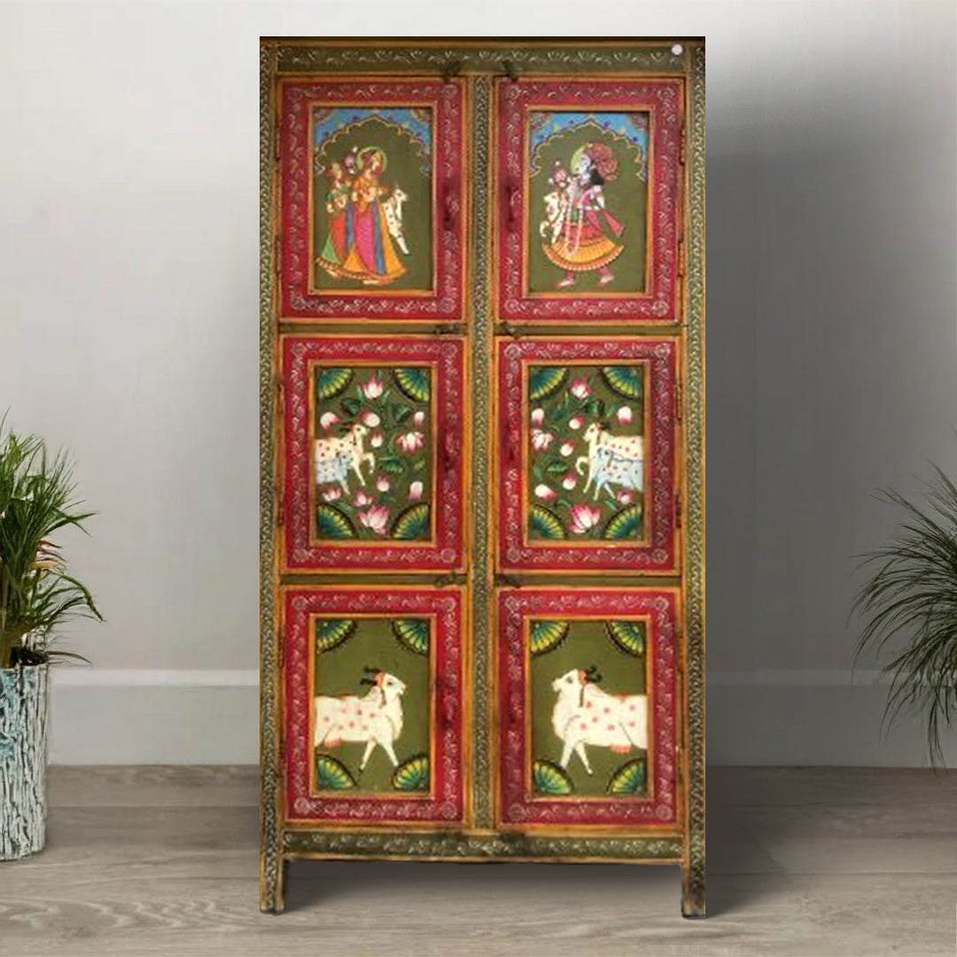 large hand-painted wooden wardrobe with vintage artwork