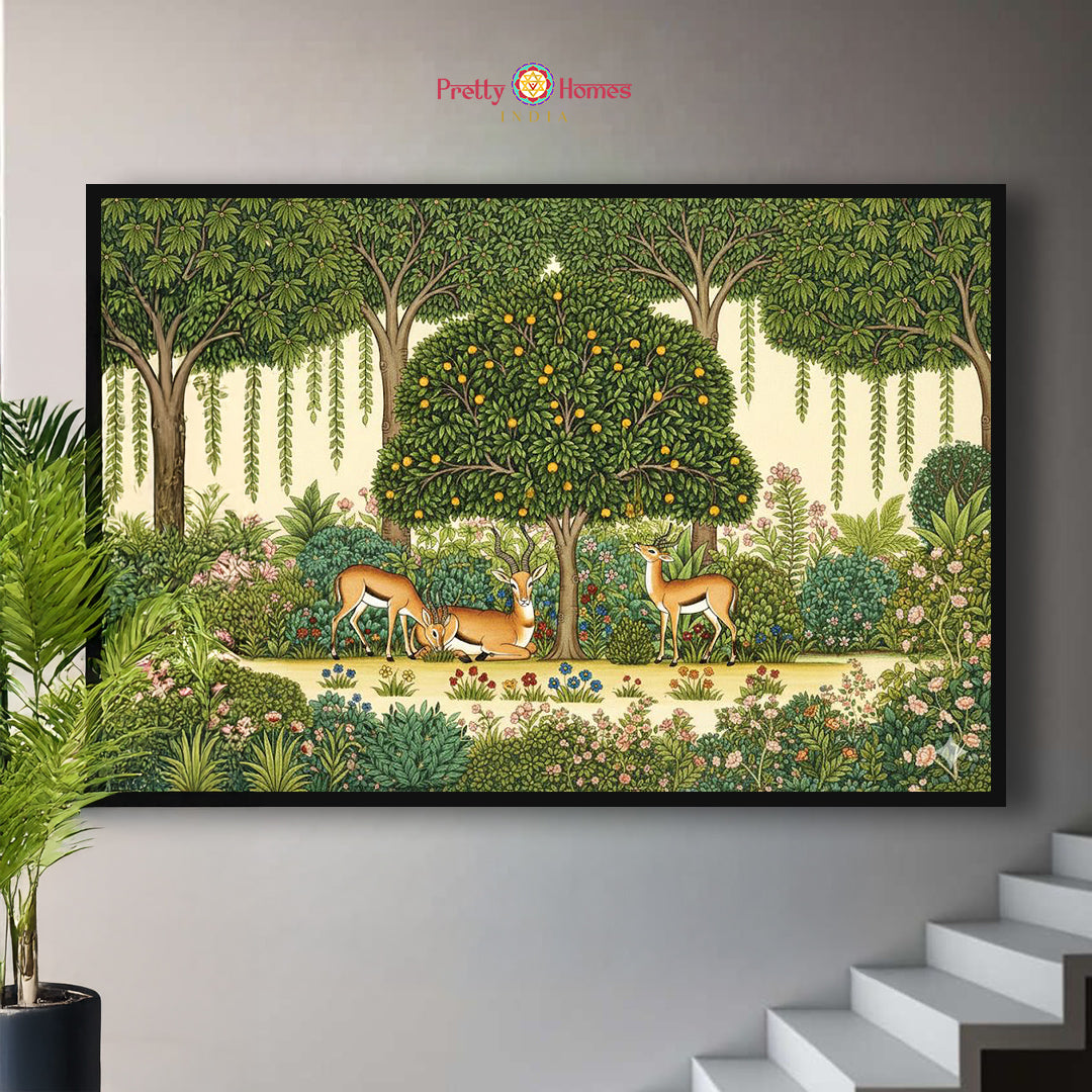 Forest with Deer — Handpainted Pichwai Aesthetic for Heritage Interiors