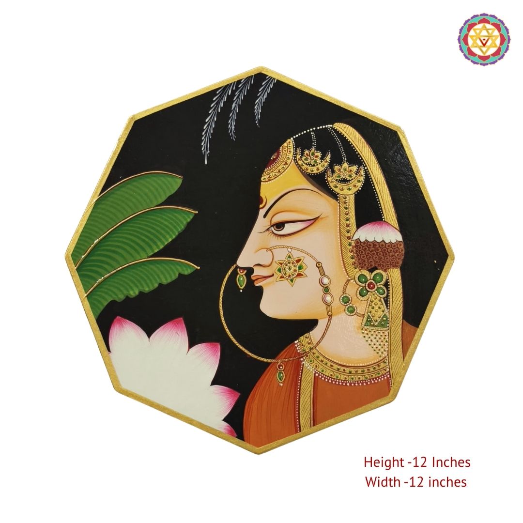 Handpainted hexagonal Radha Krishna pichwai wall plate set with vibrant colours
