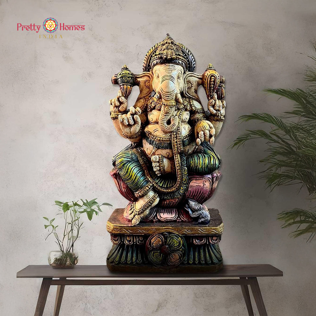 Hand-carved wooden Ganesha sculpture — antique finish, spiritual Hindu god statue for pooja room or living space decor