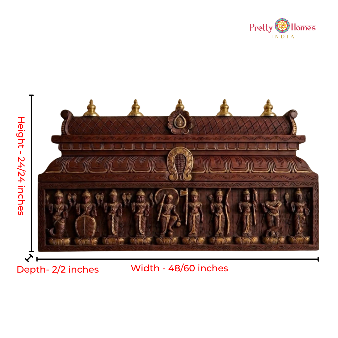 Hand-Carved Dashavataram Panel with Chettinad Gopuram Design