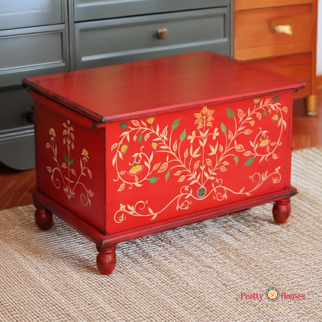 hand painted solid wood storage trunk with intricate floral and geometric motifs