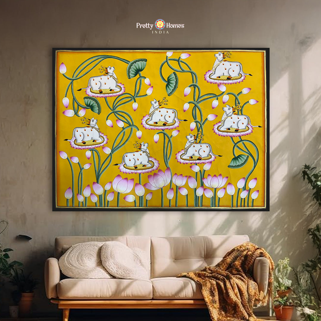 Hand-painted yellow Pichwai cows on lotus leaves full artwork view