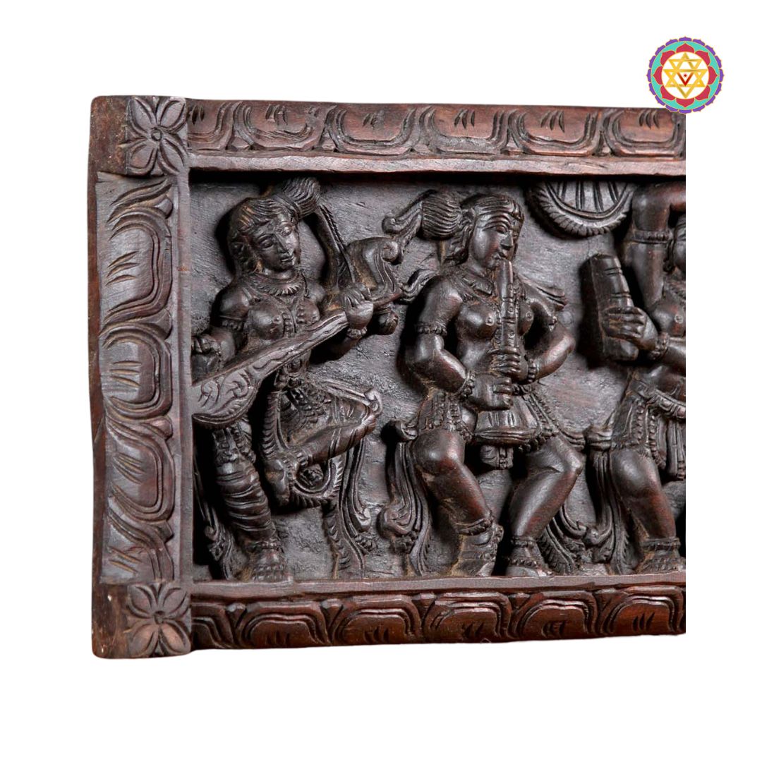 Hand-carved Apsaras panel in rosewood finish – side view