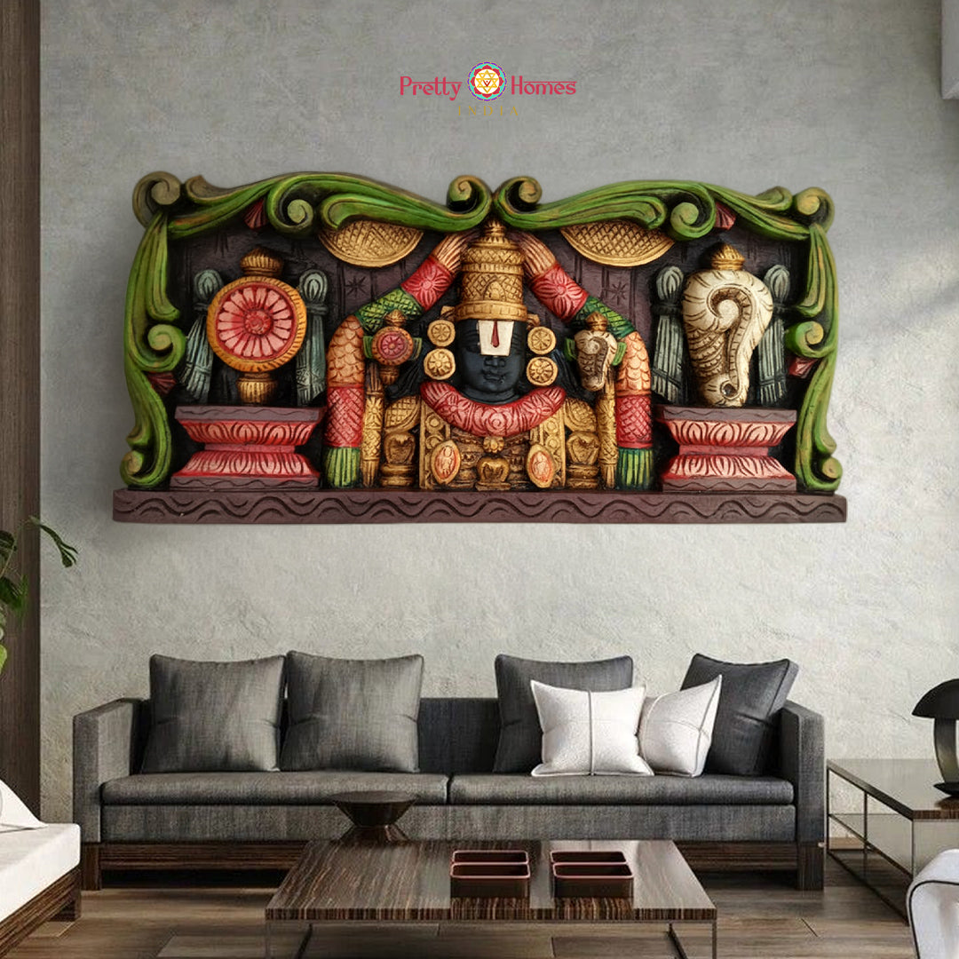 24” Horizontal Wood Carved Tirupati Balaji Panel with Shankh & Chakra