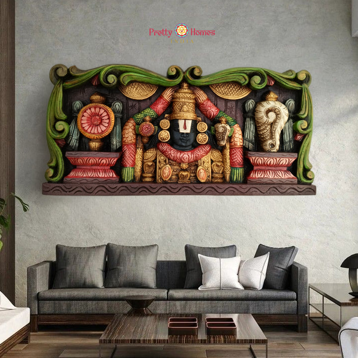 24” Horizontal Wood Carved Tirupati Balaji Panel with Shankh & Chakra