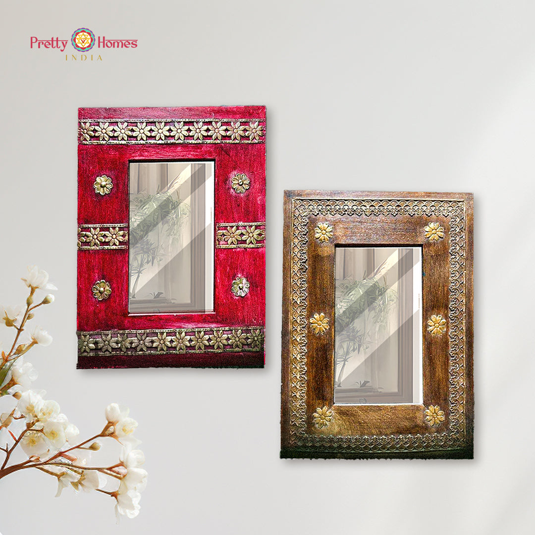 Set of 2 wooden mirrors with brass inlay—red and green vintage finish
