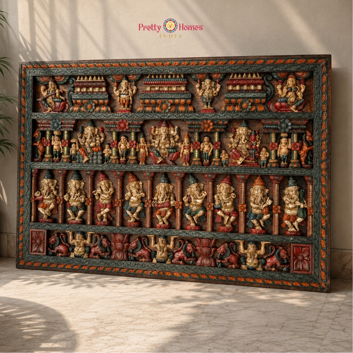 Musical Ganesha Teakwood Panel — Lakshmi & Saraswati, Vintage Multicolour