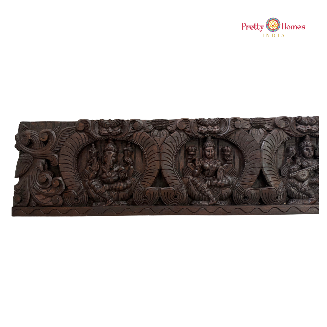 Ganesha, Lakshmi & Saraswati Handcrafted Wooden Panel with Birds