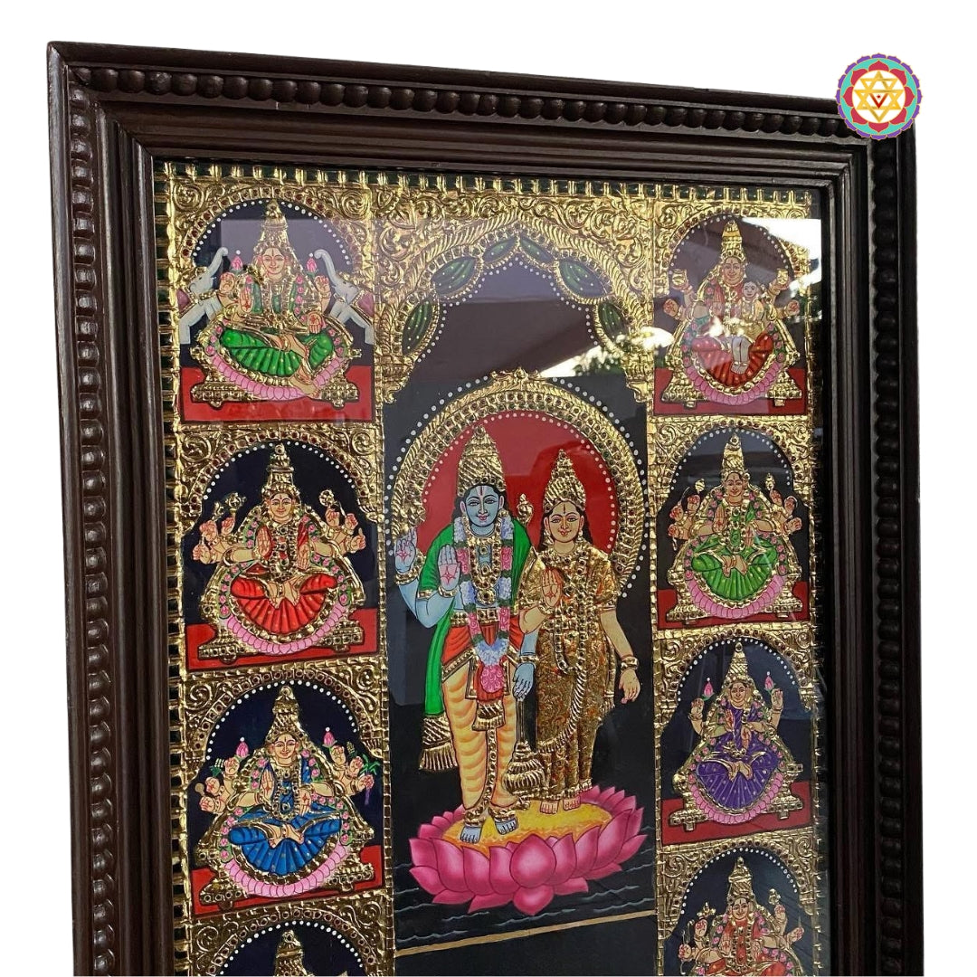 “Angled Tanjore painting showing Lord Vishnu surrounded by Ashtalakshmi avatars in embossed gold detailing”
