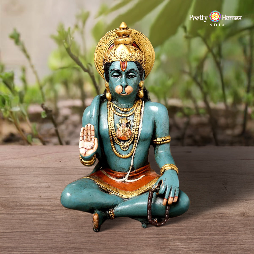 brass Hanuman statue in blessing posture with colorful enamel detailing