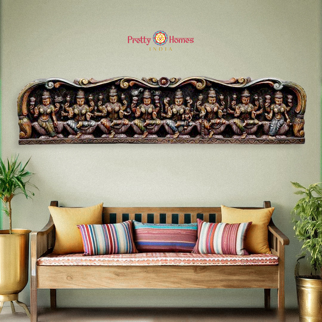 Handcarved Ashtalaxmi wall panel — goddess Laxmi wooden wall art.