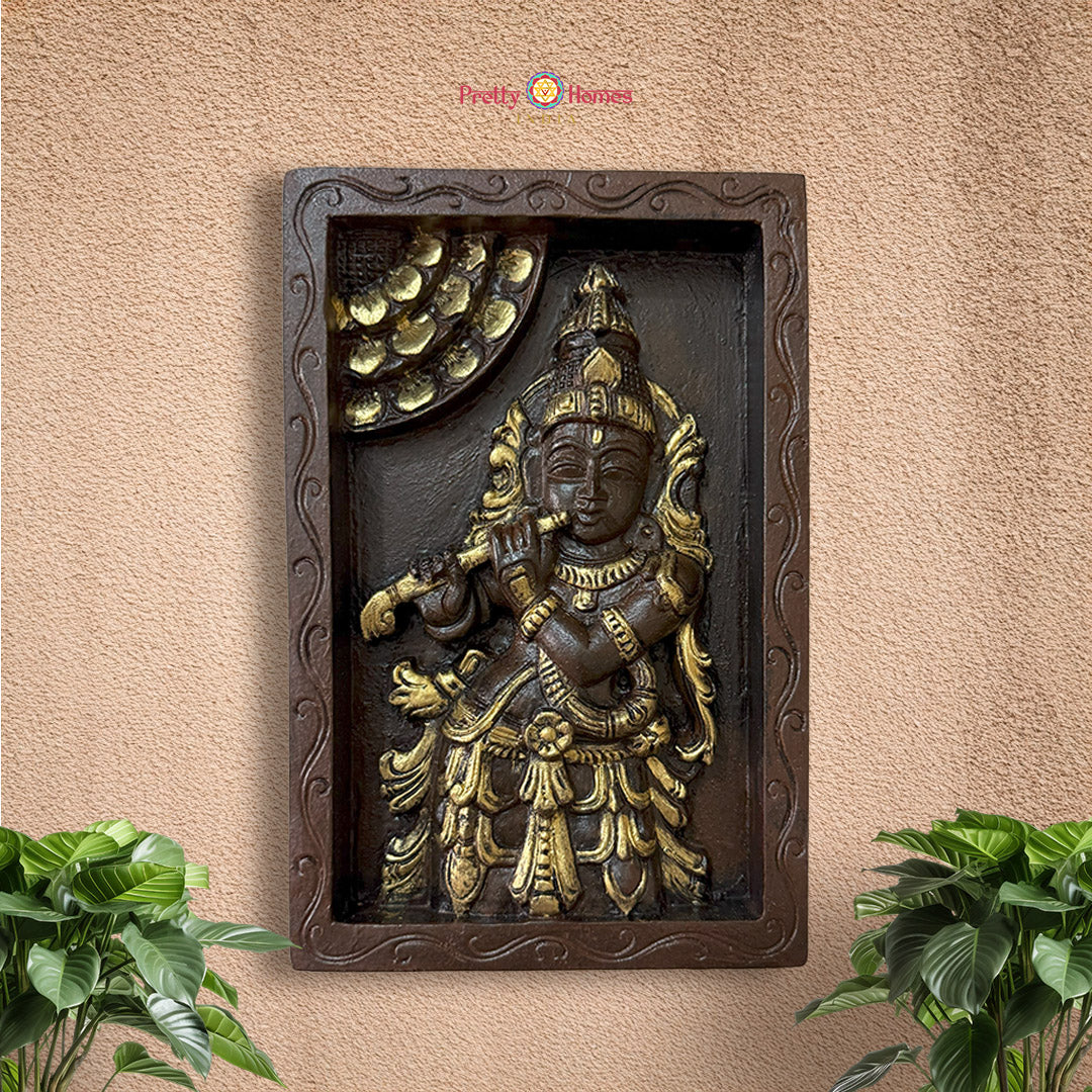 Handcarved wooden Krishna frame with flute in antique gold polish