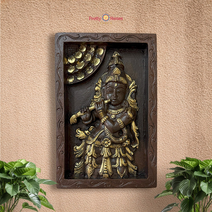 Exquisite Krishna with Flute – Handcarved Wooden Frame in Polish & Antique gold
