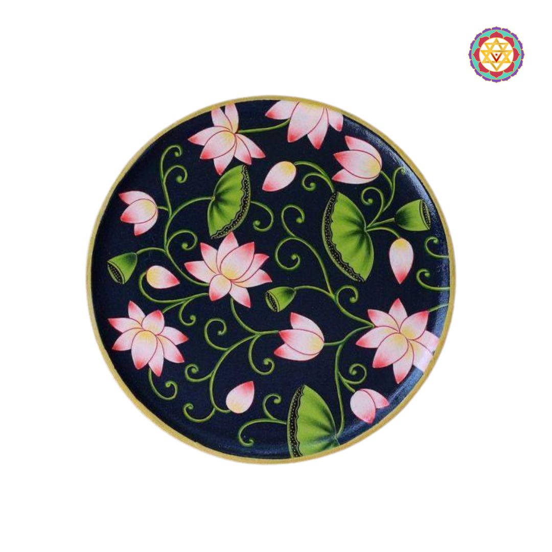 Hand painted wall plate with black background, pink and white lotus flowers, pichwai design