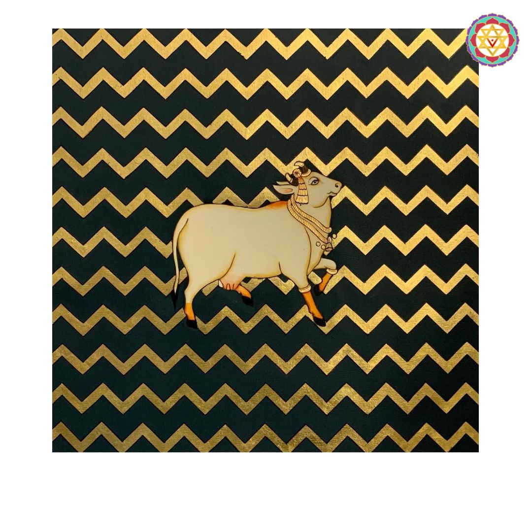 Hand-Painted Pichwai – Cow with Black &amp; Gold Abstract Design