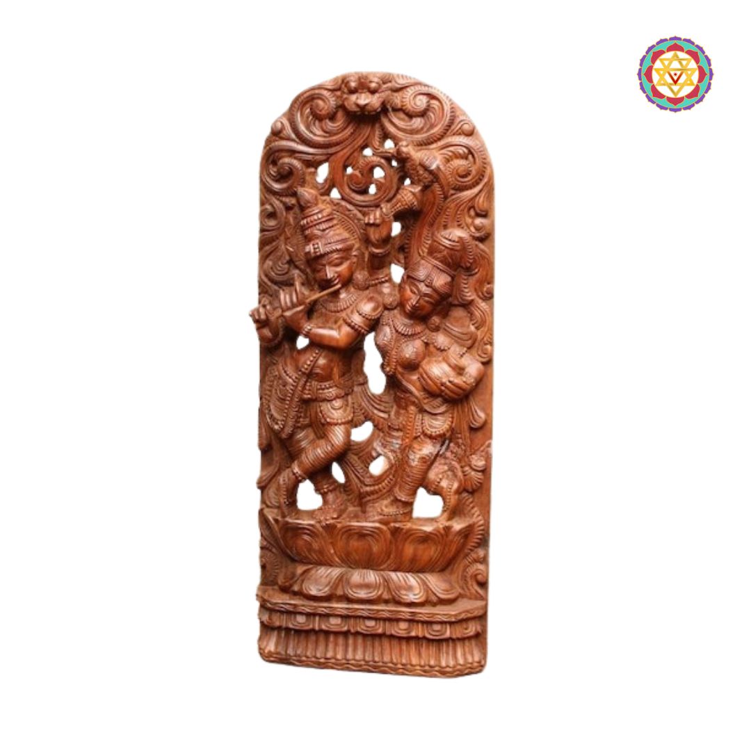 woodcarved krishna radha panel side angle highlighting canopy detailing