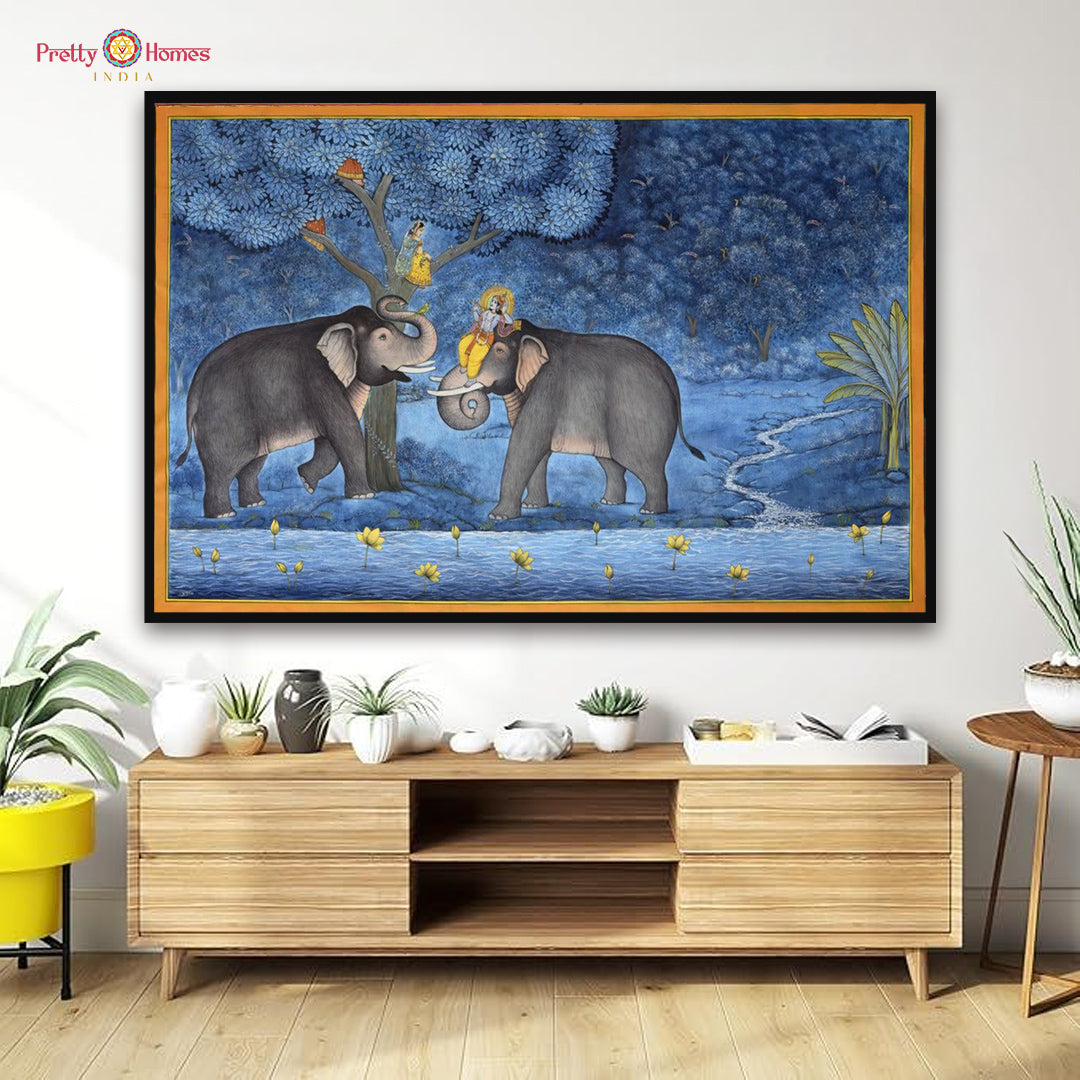 krishna with elephants pichwai full composition showing divine procession