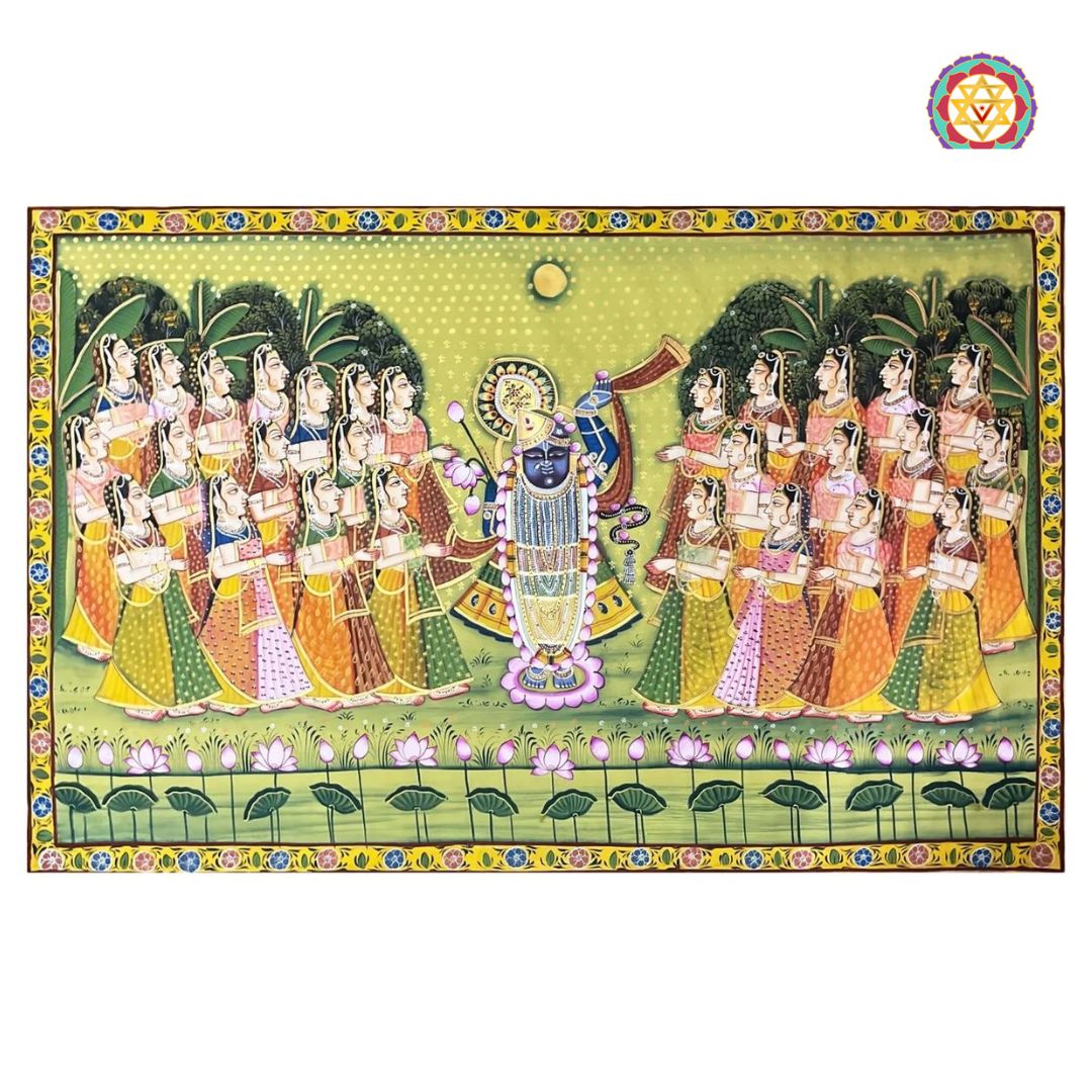 angled detail of sharad shrinathji pichwai highlighting peacock and cow motifs