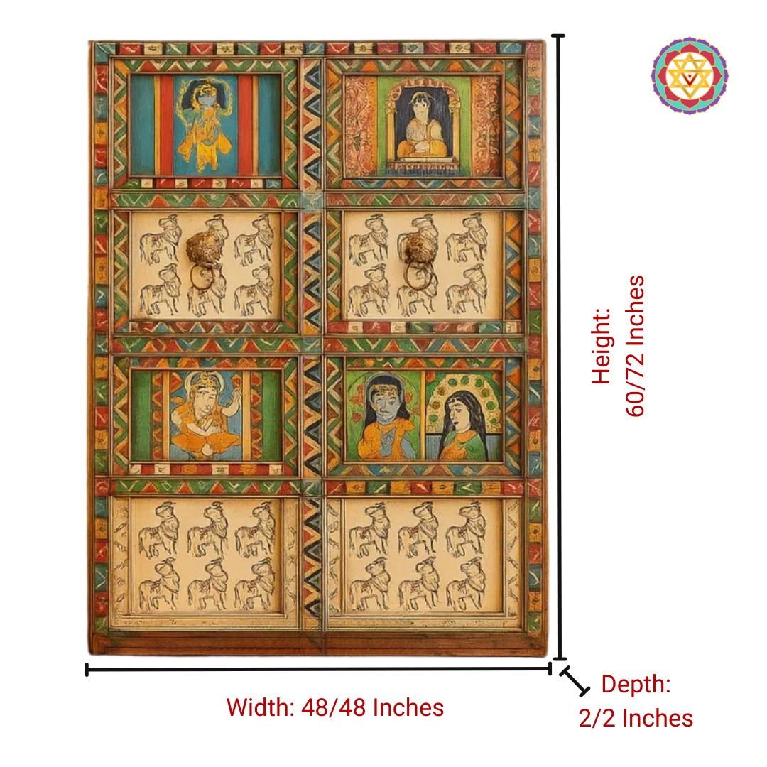 Woodcarved Handpainted Pichwai Door/Wall Frame with Intricate Brass Work