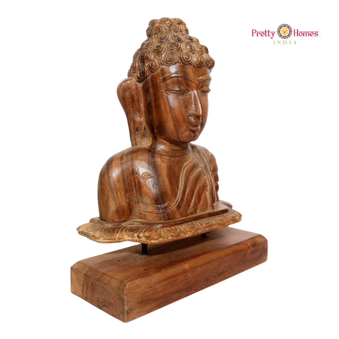 Wood-Carved Buddha Bust with Stand