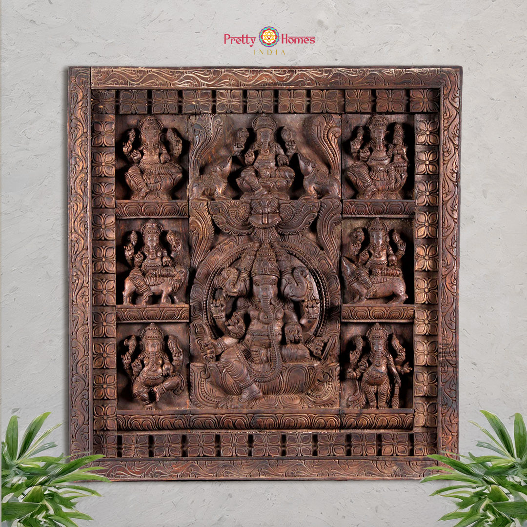 Hand-carved Astaganesh wooden wall panel with eight Ganesha forms