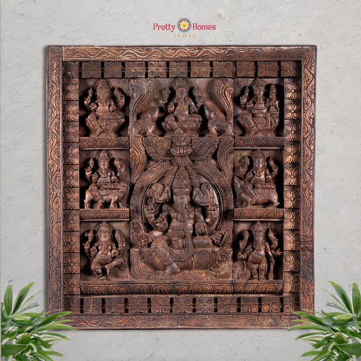 Hand-carved Astaganesh wooden wall panel with eight Ganesha forms
