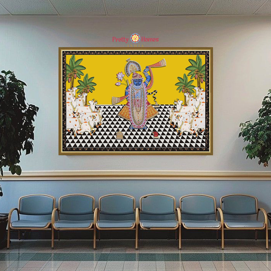 Modern Pichwai painting of Shrinathji with cows — hand-painted devotional artwork with a contemporary color palette