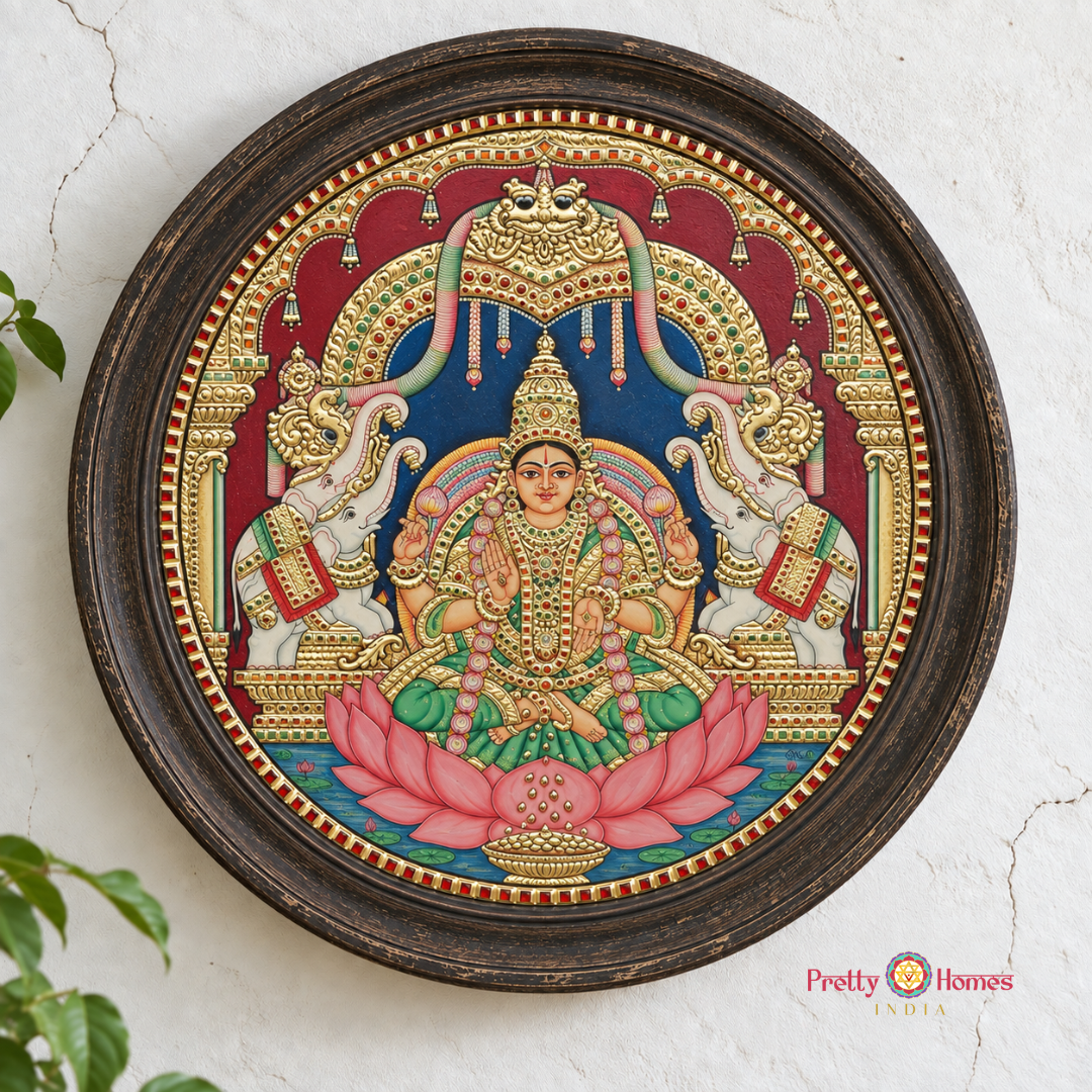 Gajalakshmi with Kirtimukha – Vintage finish Tanjore Painting