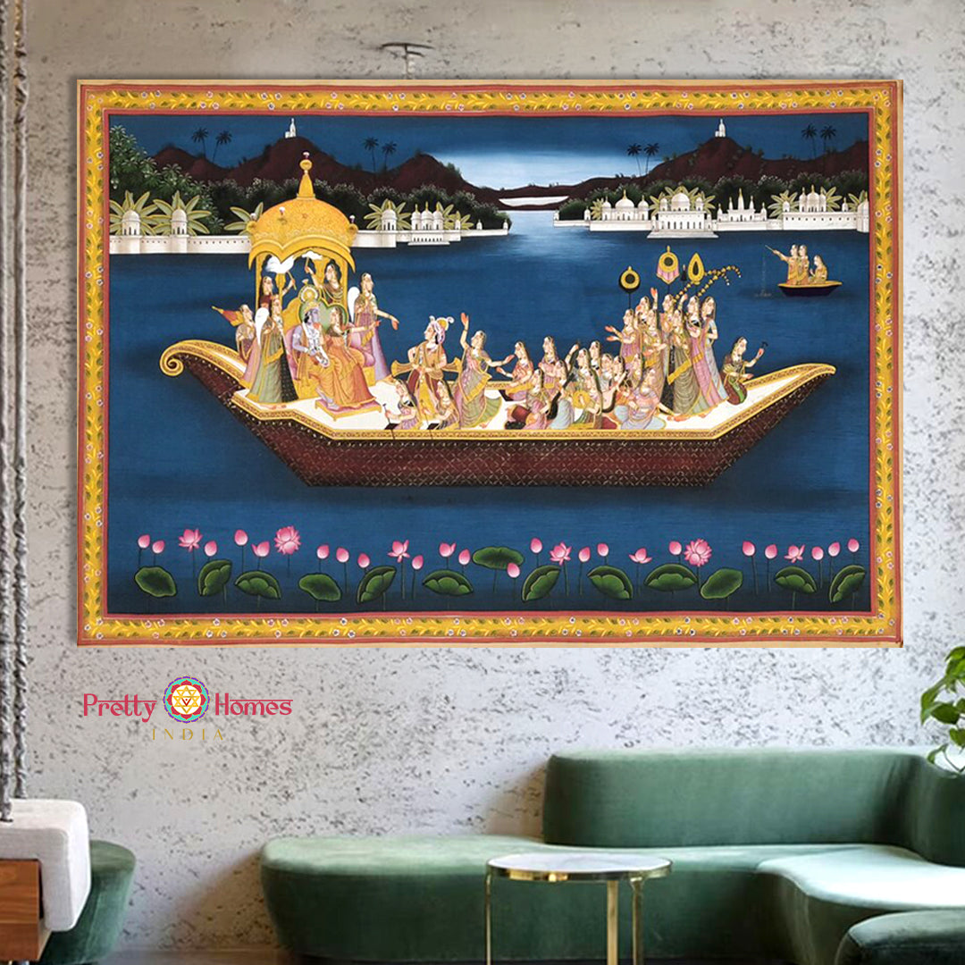 Nauka Vihar pichwai wall art with Krishna and gopikas on a golden boat against blue waters.