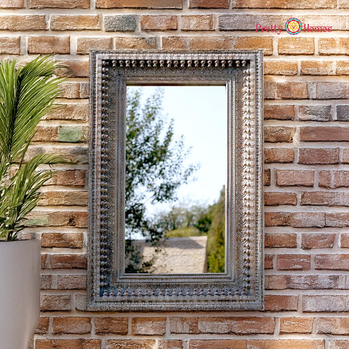 Rustic Grey Spindle Rectangular Mirror Frame for Vintage Home Wall Decor