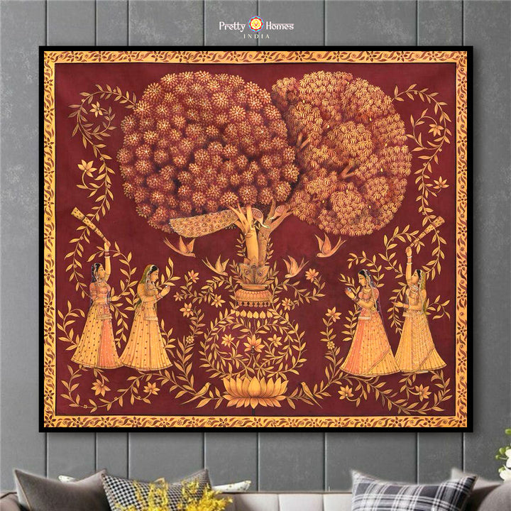 Vintage style Hand painted pichwai -Gopikas in the forest., pichwai painting in classic palette, hand-painted for living room décor