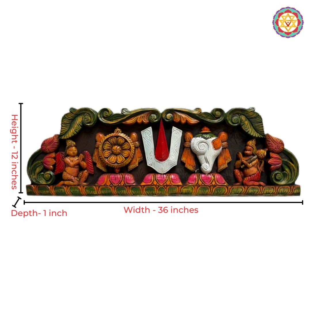 Multicolour Horizontal Carved Panel – Shankh Chakra Tilak with Garuda & Lord Hanuman