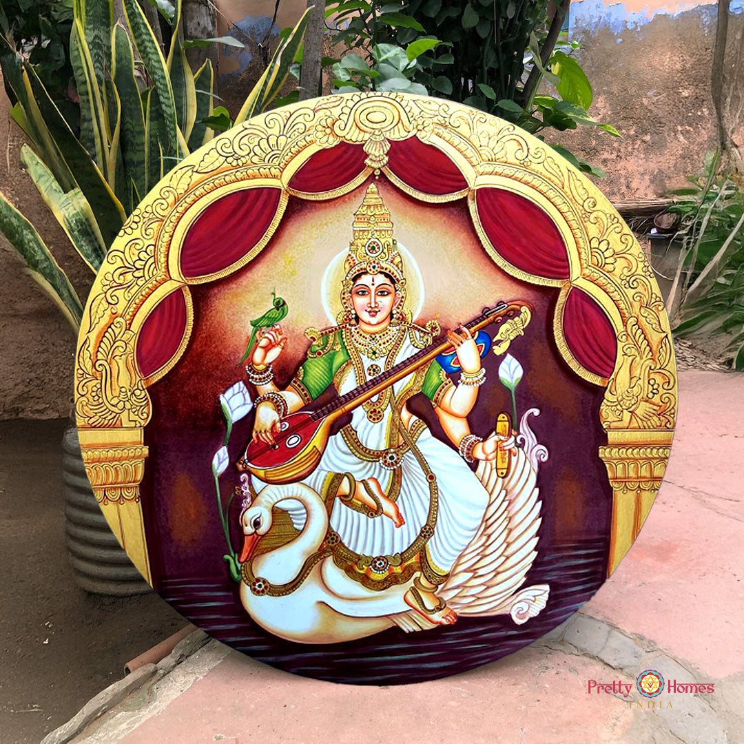 Tanjore style Saraswati handpainted wall plate with traditional detailing
