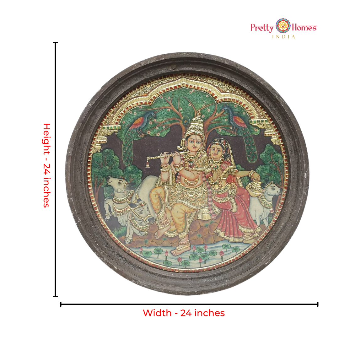 Round Vintage Finish Flute Krishna with Radha & Cows Tanjore