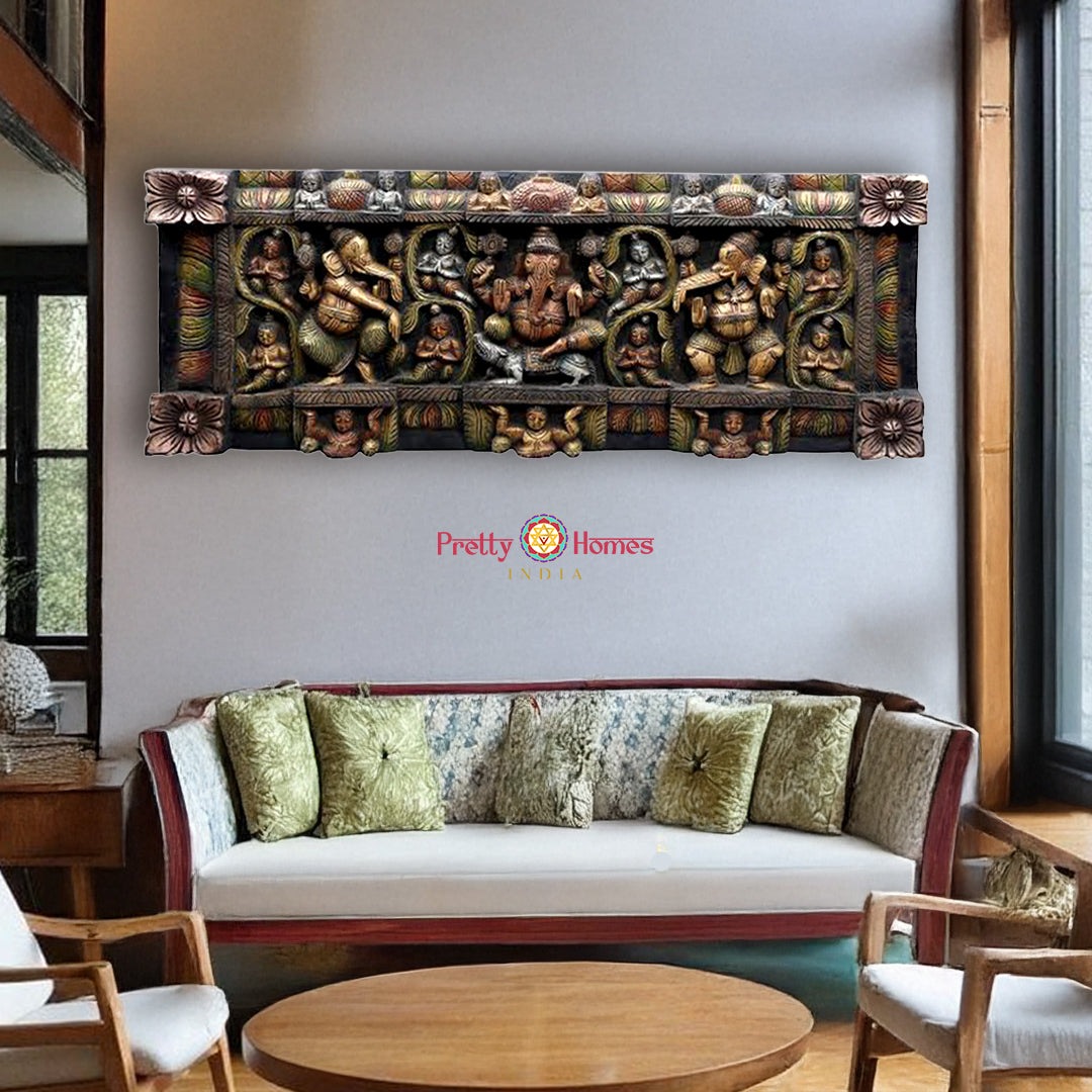 Ganesha on Mushak with Dancing Forms — 36-inch Teak Panel for Heritage & Sacred Interiors