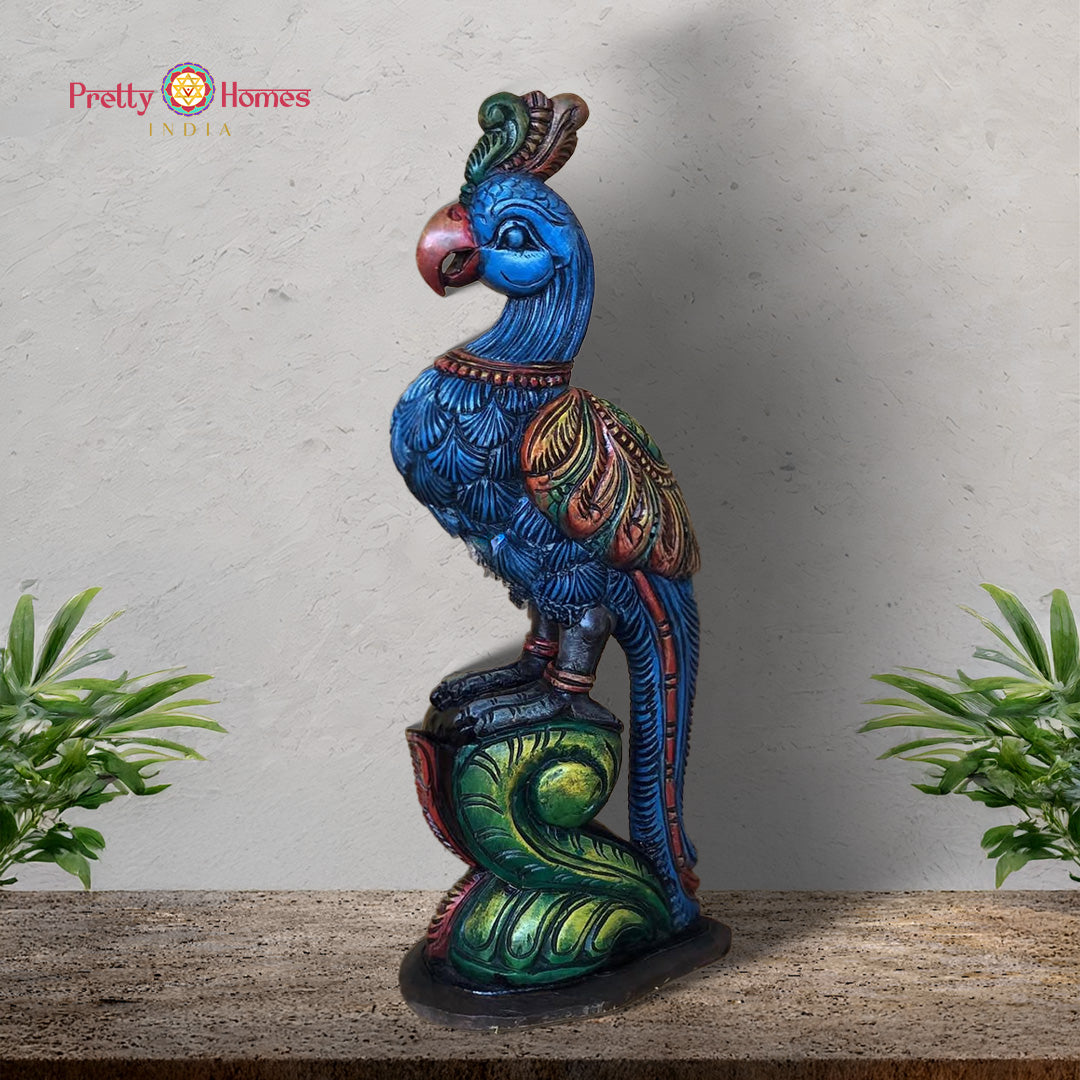 wood-carved sitting parrot statue in natural wooden finish