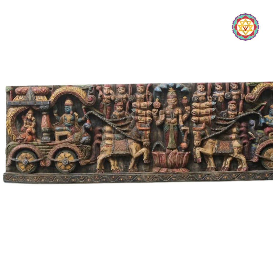 Close-up of Krishna giving Geetopadesha to Arjuna in wooden panel