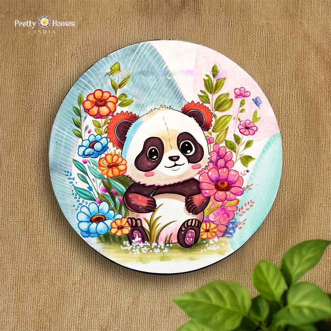 handpainted cute panda with flowers wall plate wooden decor