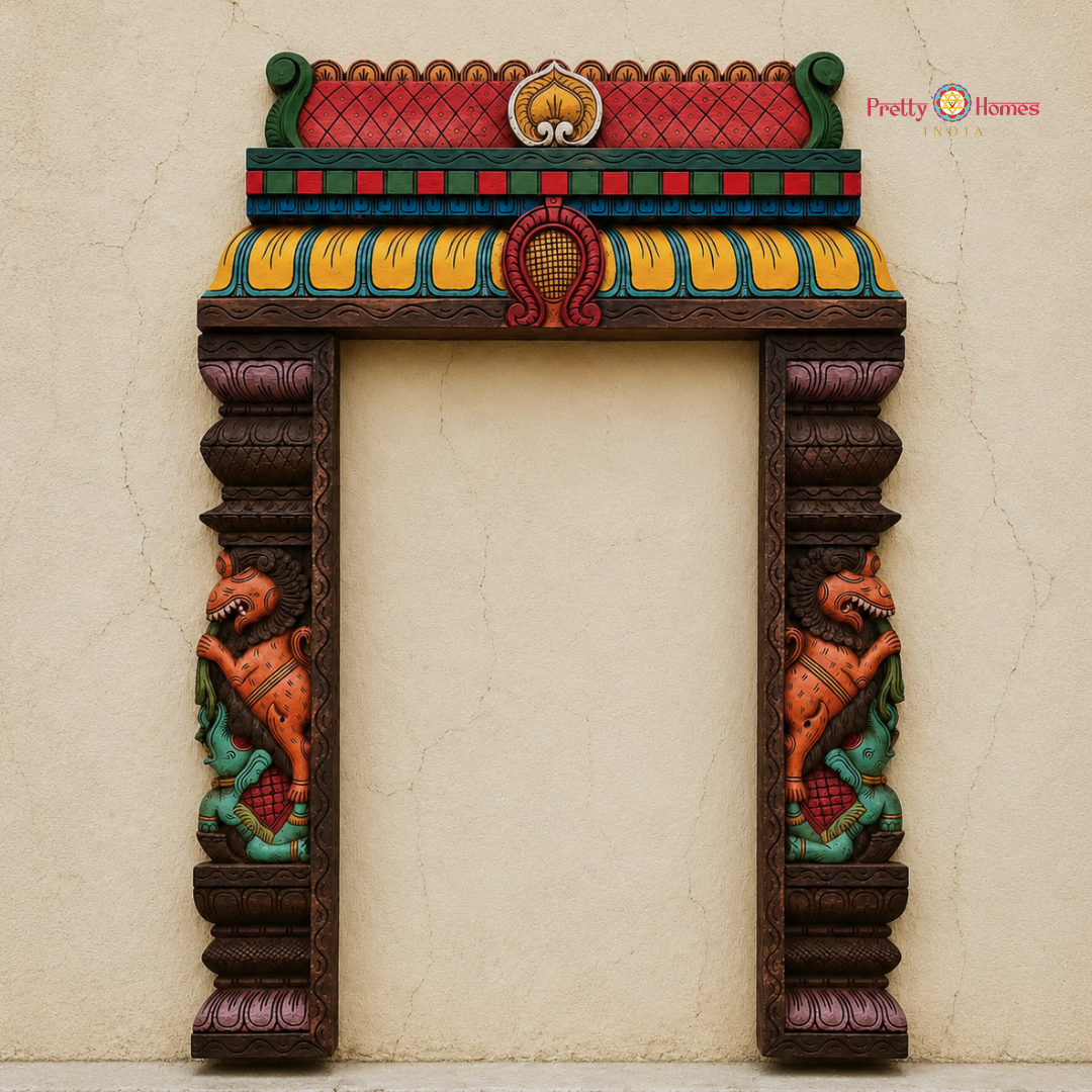 Wood-Carved Chettinad-Style Gopuram with Yali & Elephant Pillars