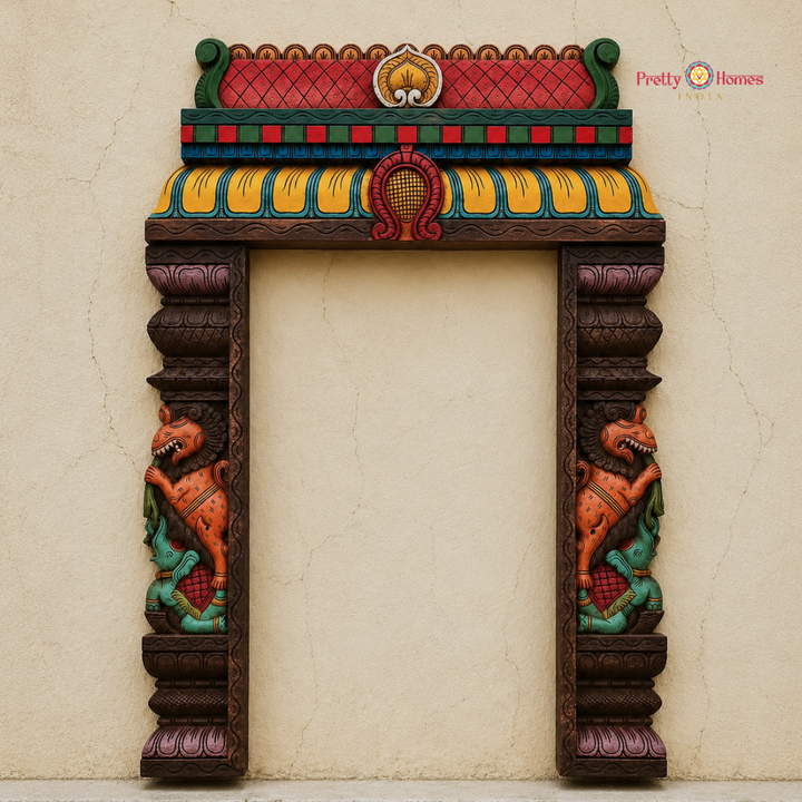 Wood-Carved Chettinad-Style Gopuram with Yali & Elephant Pillars