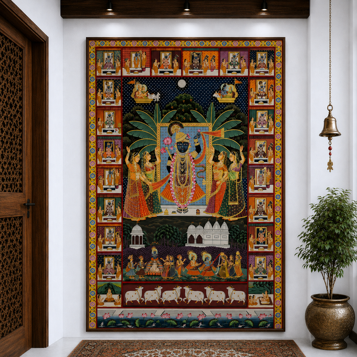 Hand-Painted Pichwai – Shrinathji with Gopikas & Intricately Detailed Border